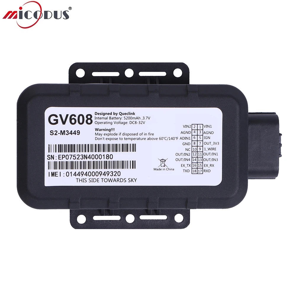 

GV608 Waterproof GPS Tracker 5200mAH Battery Car Voltage Range 8V to 32V DC GPRS Vehicle Tracking Device Multiple I/O Interface