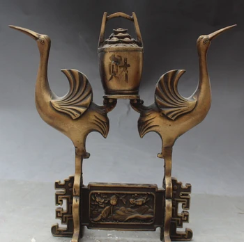 

song voge gem S0036 9"Folk Chinese Feng shui Bronze Two Red-crowned crane Treasure bowl Wealth Statue