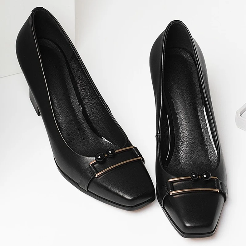 

Black White Pumps For Women Fashion Elegant Square Toe Thick High-heeled Party Shoes Size 38 39 Discount Hot Sale Footwear