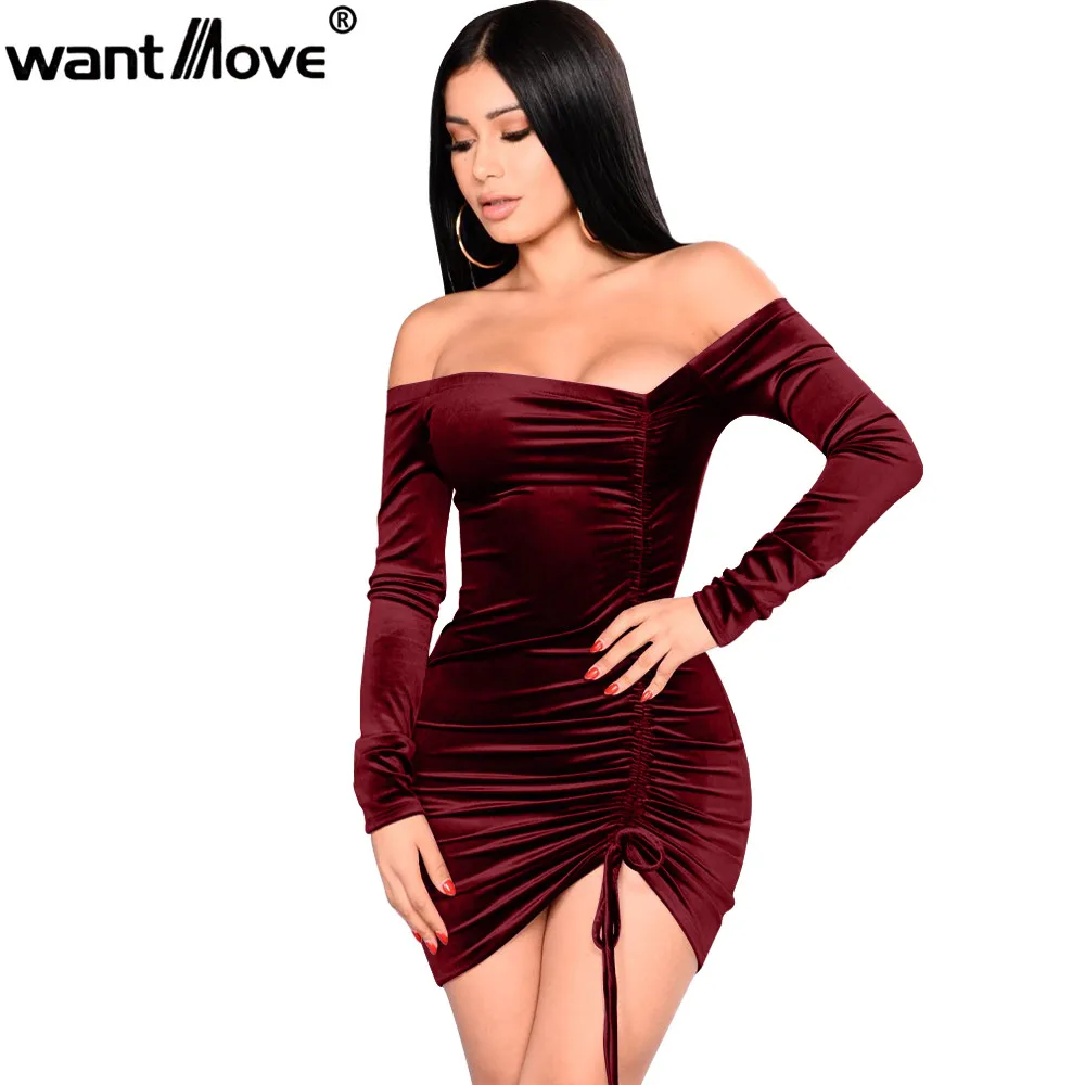 wine red Wantmove, женские бархатные сексуальные вечерние размера плюс, асимметричное платье с открытыми плечами, облегающее мини платье, женская одежда, платья JZ184 - Цвет: wine red