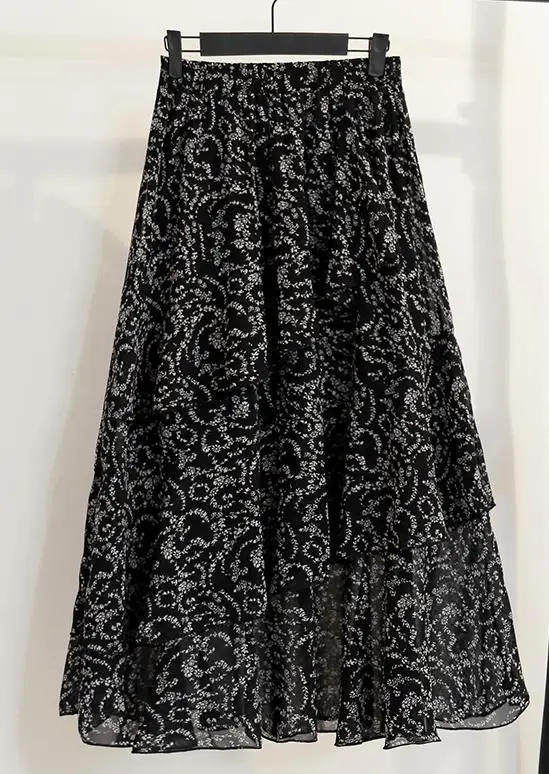 Повседневные летние юбки для женщин размера плюс эластичная высокая талия Jupe Femme с цветочным принтом длинная шифоновая плиссированная юбка с оборками Faldas Mujer - Цвет: Black Flower
