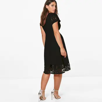 

2018 new Summer Women Solid Round Neck Short Sleeve Patchwork Lace Dress Ladies Plus Size Vintage A-Line Office Dress Midi Dres