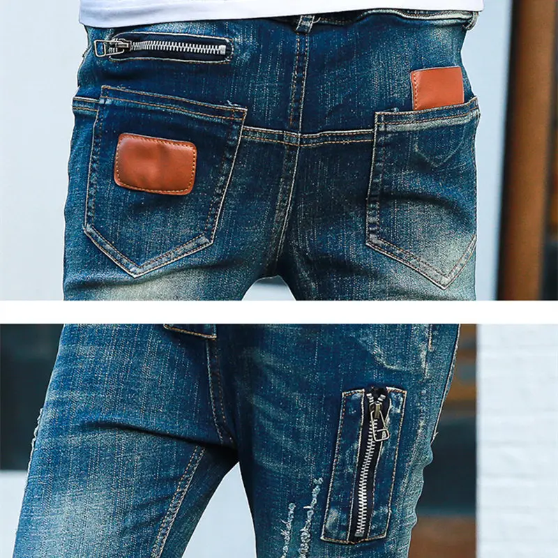 5 Children Clothing Baby Boys Jeans Ripped Kids Boy Denim Pants Scratch Teens Trousers Zipper Leather Patch Casual Elastic Waist