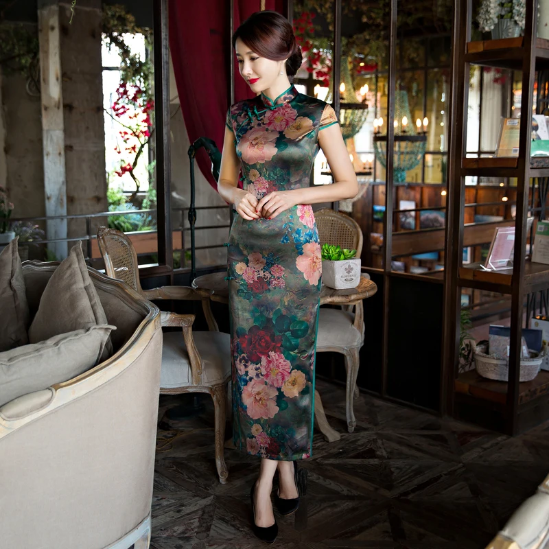 

New Arrival Fashion Silk Satin Long Cheongsam Chinese Women's Dress Elegant Qipao Vestidos Size S M L XL XXL XXXL 27631A