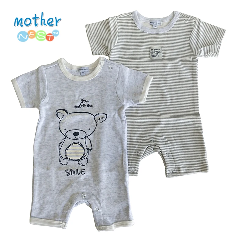 

Mother Nest Newborn Baby Boy Rompers Cotton Onesies Short-Sleeve Jumpsuits Cartoon Bear Striped Outfits Grey Creeper Set 0-3M