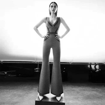 

Bandage Jumpauit News Fashion Sleeveless Bodycon Striped Casual Long Jumpsuits High Quality Evening Party Jumpsuits Drop Ship