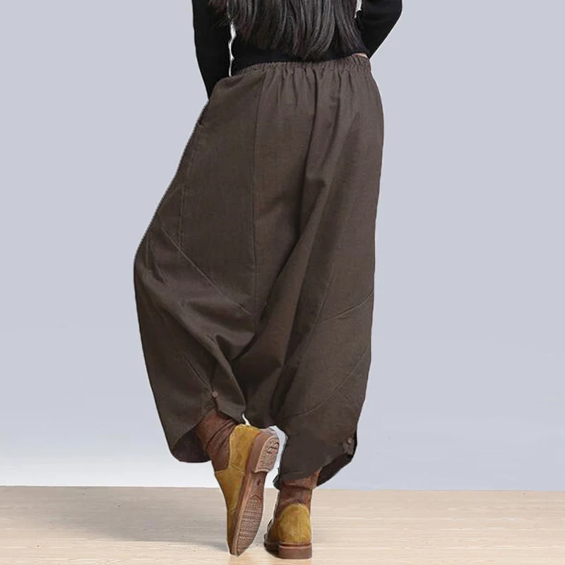 Летняя мода ZANZEA, одноцветные мешковатые длинные штаны, женские повседневные эластичные штаны-шаровары с высокой талией, винтажные свободные штаны с карманами
