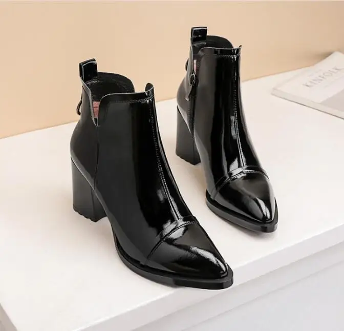 

Ladies British Ankle Boots Patent Leather Zipper Pointed Toe Block Heels Shoes C127