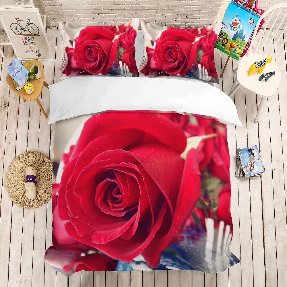 

MUSOLEI 3D Bedding Set Delicate red rose Soft Bed Duvet Cover Set Twin Queen King Size