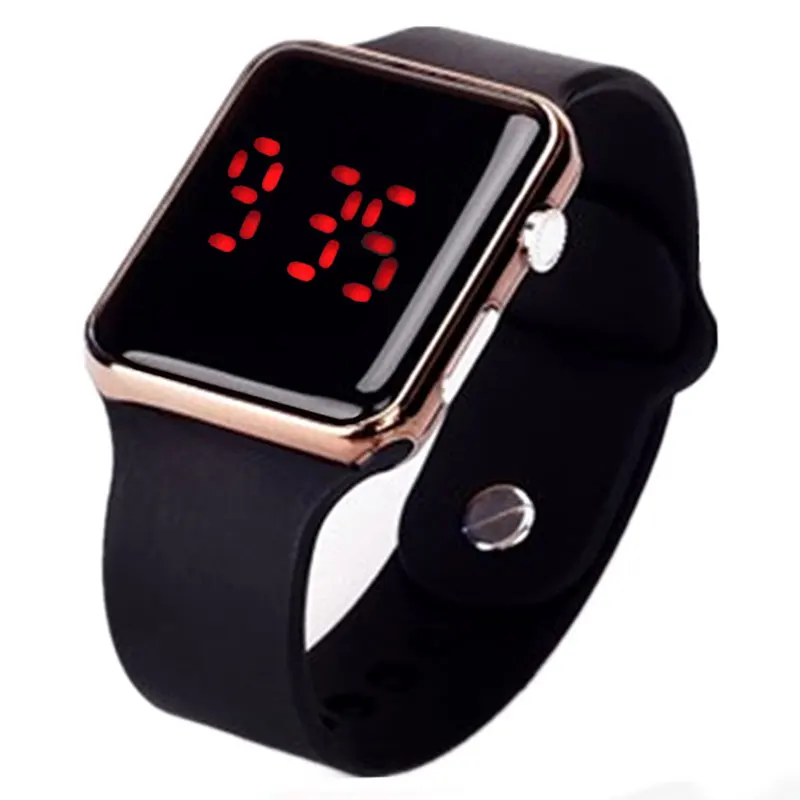 Fashion Square Mirror Face Silicone Band Digital Watches Red LED Watch