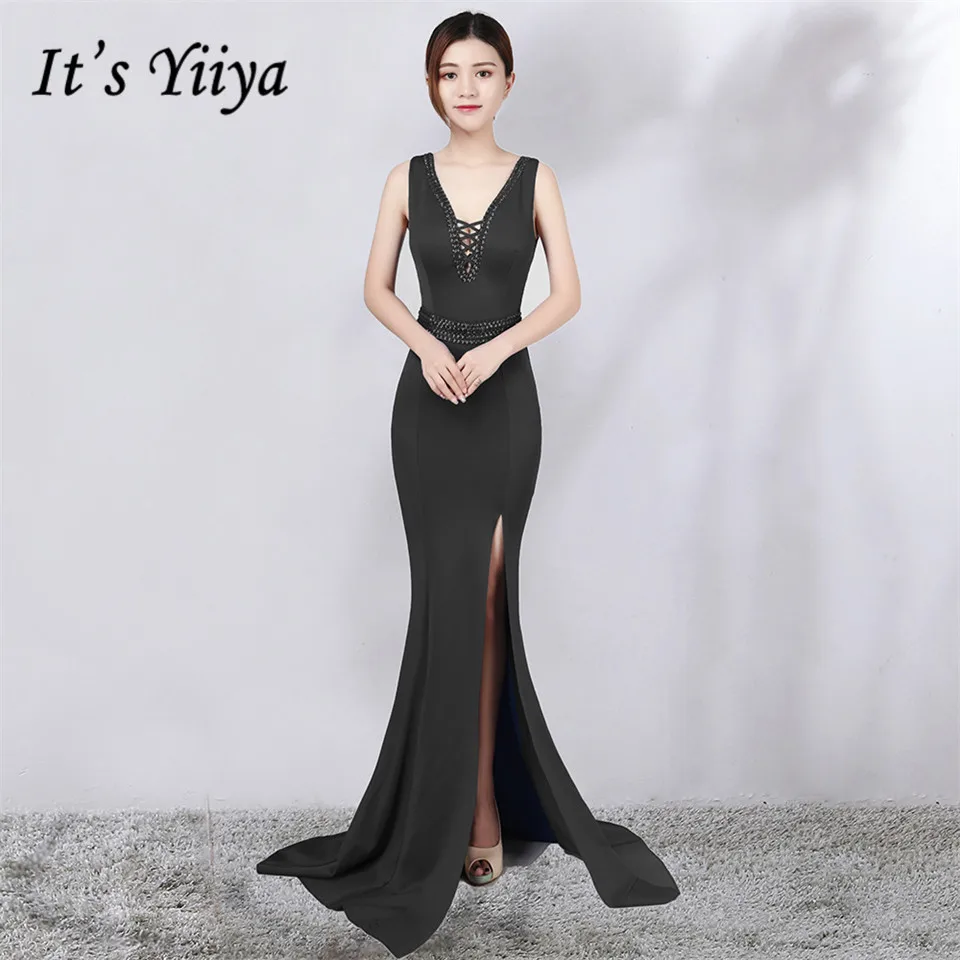 

It's Yiiya evening gowns Crystal Sleeveless V-neck Zipper back Party dresses Backless Floor-length Lace Mermaid Prom dress C134