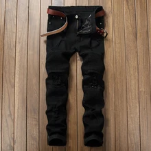 Черные мотоциклетные джинсы для мужчин,, осенняя мода, Hi Street Fold дизайн, рваные джинсы для мужчин, повседневные эластичные мужские обтягивающие джинсы, Homme 40