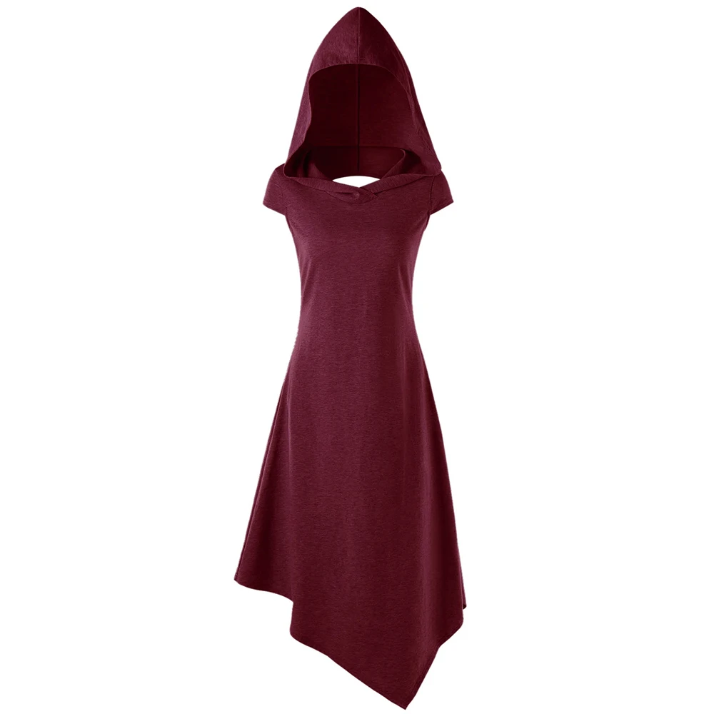 VESTLINDA Asymmetrical Hooded Cut Out Midi Dress Women Dress Summer Hooded Short Sleeves Solid Colors Dresses Vestido De Festa 12
