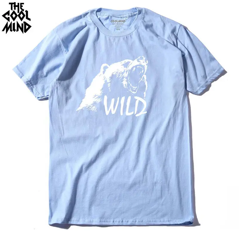 COOLMIND BE0114A Хлопковая мужская футболка с принтом медведя, повседневная мужская футболка с короткими рукавами, Повседневная летняя футболка с круглым вырезом - Цвет: L BLUE