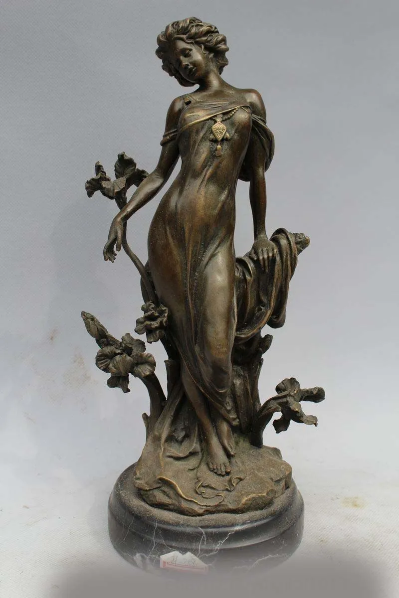 

12"Western Art sculpture Pure Bronze Marble Women Flower Bell Girl Statue