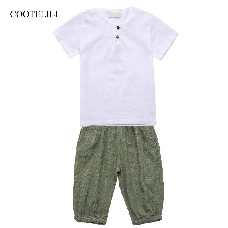 

COOTELILI Summer Kids Clothes Boys Cotton Linen Clothing Set Children Linen Top+Shorts 2 PCS Outfits Kids Boy Clothes
