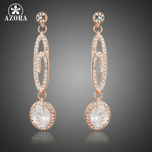 AZORA Rose Gold Color Big Dangling G with Round Clear AAA Cubic Zirconia Drop Earrings TE0171