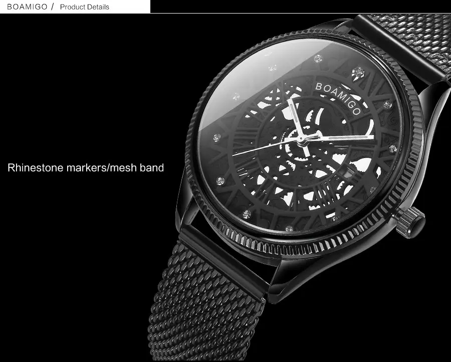 BOAMIGO Brand Mesh Steel Band Watches Mens Black Quartz Watch Fashion Skeleton Male Simple Wristwatch Auto Date Waterproof Clock (17)