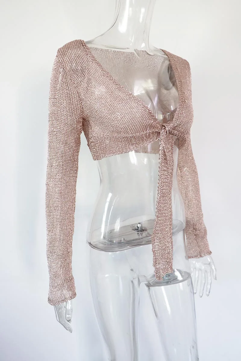 Beyprern Весна длинный рукав прозрачный Металлический Галстук Спереди укороченный топ женский высокое качество эластичный розовое золото футболки цвета "металлик"