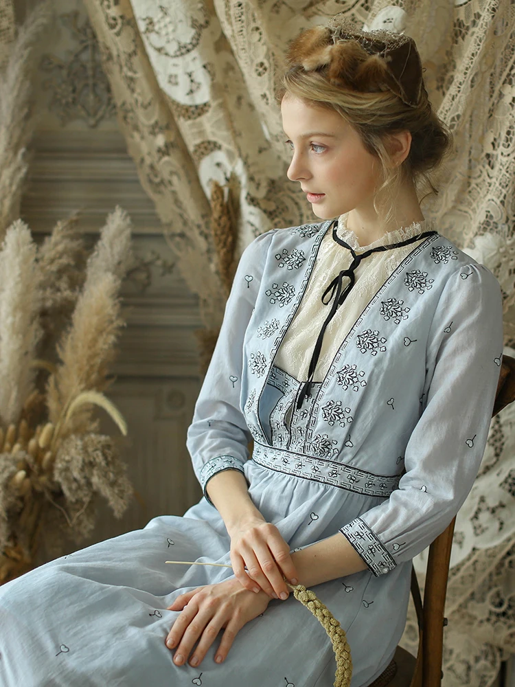 

LYNETTE'S CHINOISERIE Autumn Winter Original Design Women Slim Victoria Vintage Mori Girls Embroidery Cotton Ramie Dresses