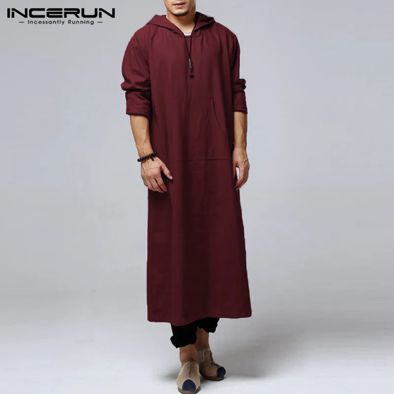 Brand Retro Men Hoodies Robe Long Sleeve Cotton Full Length Islamic Arab Kaftan Clothes Muslim Costume Ethnic Gown Solid
