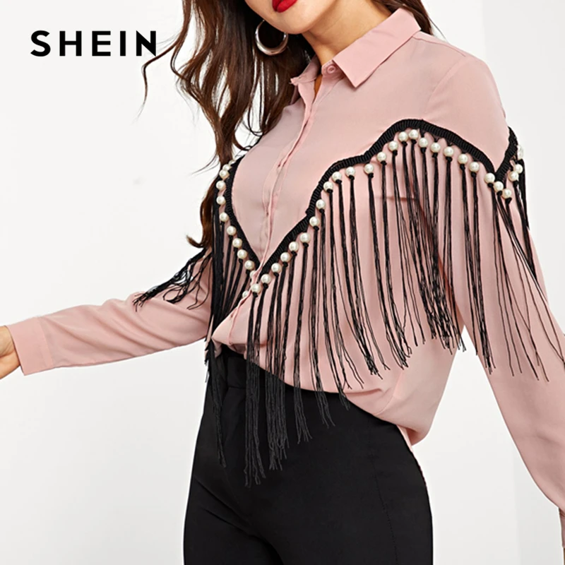 SHEIN Pink Contrast Fringe Embellished Curved Hem Blouse Elegant Pearls Button Beaded Blouses Women Autumn Workwear Shirt Tops SHEIN Pink Contrast Fringe Embellished Curved Hem Blouse Elegant Pearls Button Beaded Blouses Women Autumn Workwear Shirt Tops