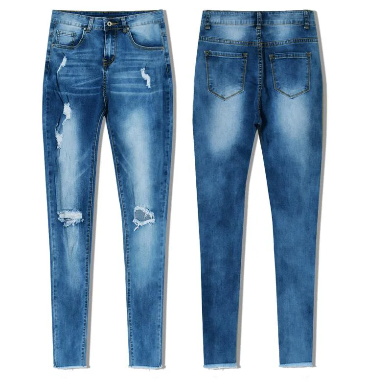 Женские джинсы с бахромой и узкие брюки высокой талией рваные дырками женские