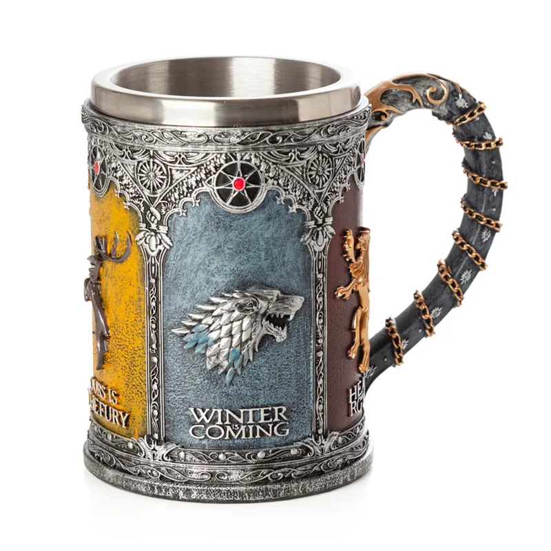 Игра престолов Дракон Волк кружка Старк кофейная чашка из нержавеющей стали Смола креативный напиток Direwolf Зима идет Пиво Вино кружки - Цвет: 1