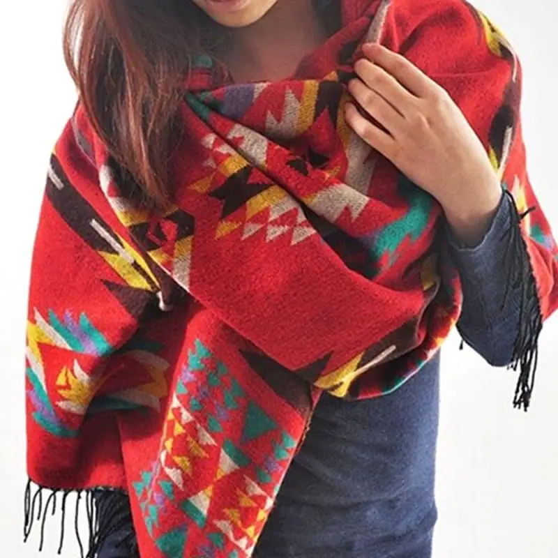 Tanie Kobiety Bohemia stylowy nadruk etniczny bluza z kapturem Cape Poncho akrylowy szalik z wełny Fashion Girls sweter z frędzlami z kapturem #30