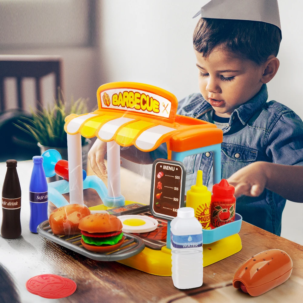 

33 Pcs Kitchen Toys Pretend Play Cooking Toys Tableware Sets BBQ Model Happy Pretend toys for children xmas gifts for kids