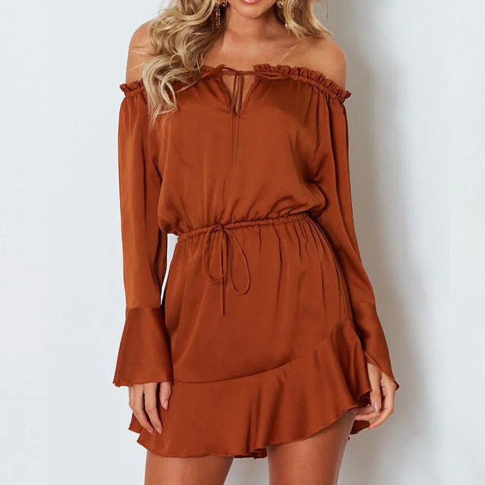 

Liva girl Summer Fashion Women Solid Flare Sleeve Slash-Neck Off Shoulder Club Party Mini Dress Ladies Clothing 5 Colors 9.14