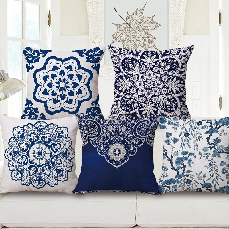 

Decorative Cotton Linen Cushion Cover 45X45Cm Capa de Dlmofada Sofa Bedding Throw Pillow Case Blue and white porcelain