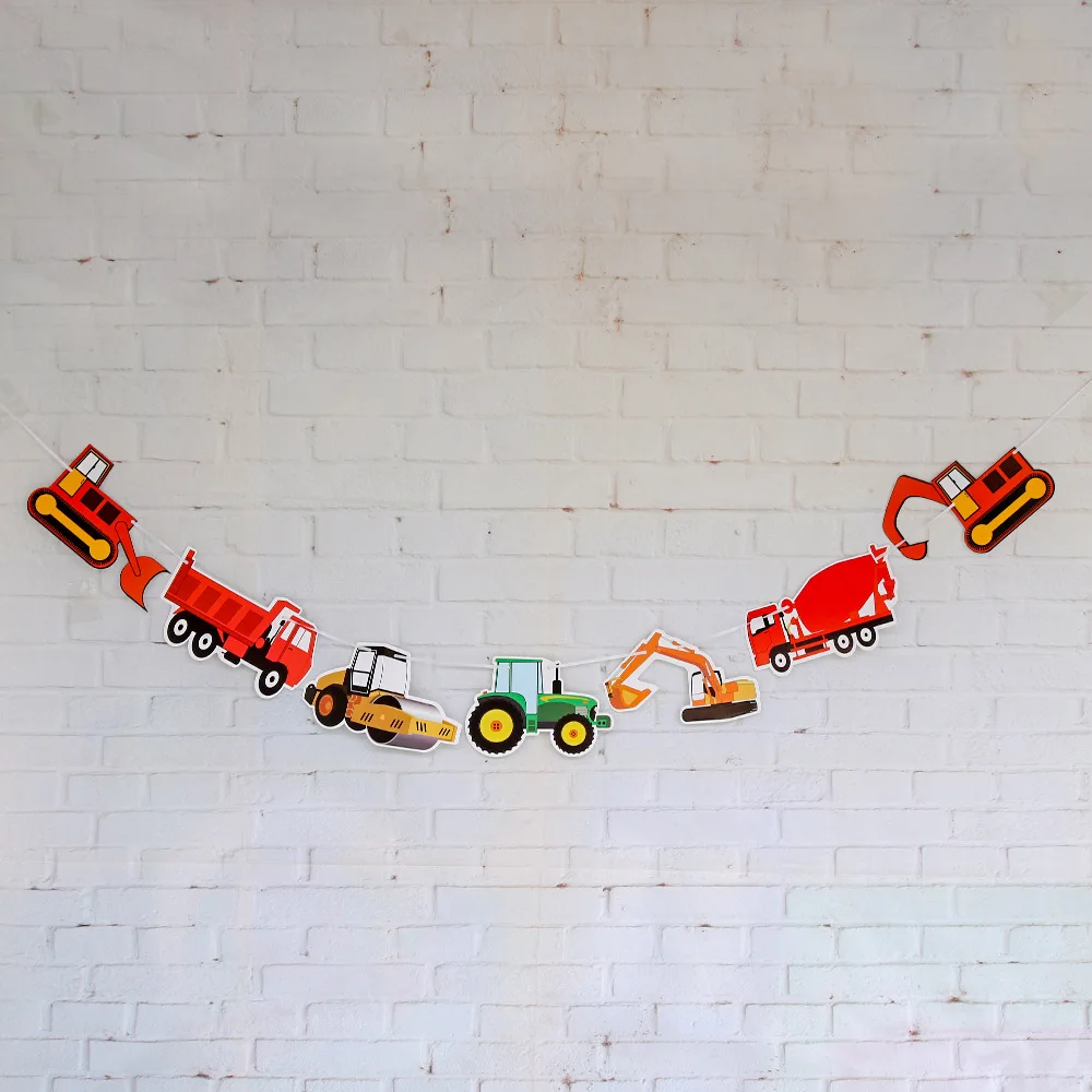 

Construction Vehicle Banner Bulldozer Excavator Concrete Mixer Truck Garland Engineer Builder Birthday Decoration for Boy Kids