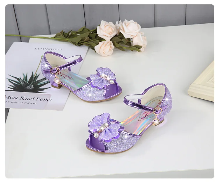 Летние сандалии для девочек с открытым носком на высоком каблуке, детская обувь для вечеринок, модная обувь с бантом-бабочкой, обувь принцессы, обувь детские сандалии, блеск CSH811