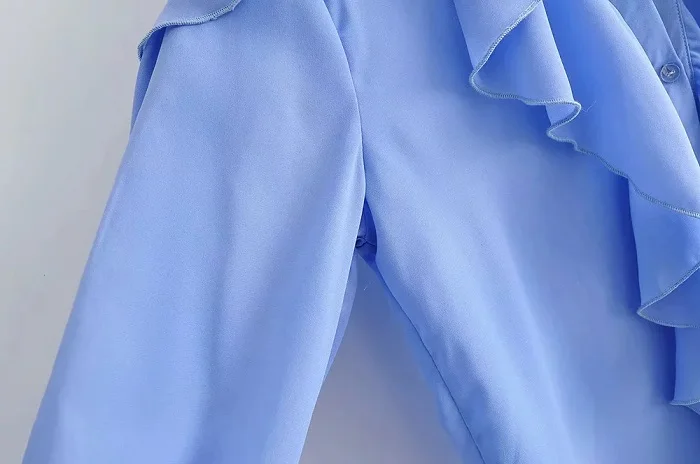 BBWM Женская Za Милая синяя шифоновая блузка с рюшами элегантная женская с v-образным вырезом с длинным рукавом Милая Модная рубашка для девочек топы Blusas Mujer