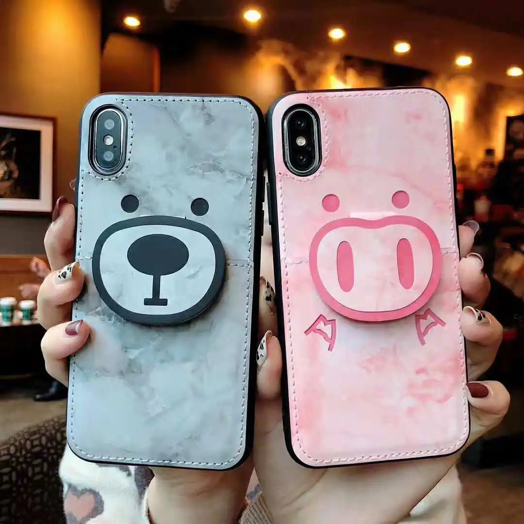 

Fashion cute bear piggy card holder cases for iPhone Xr Xs Max X 6 6s 7 8 Plus Luxury Leather Lovely Gray Pink Back Cover Coque