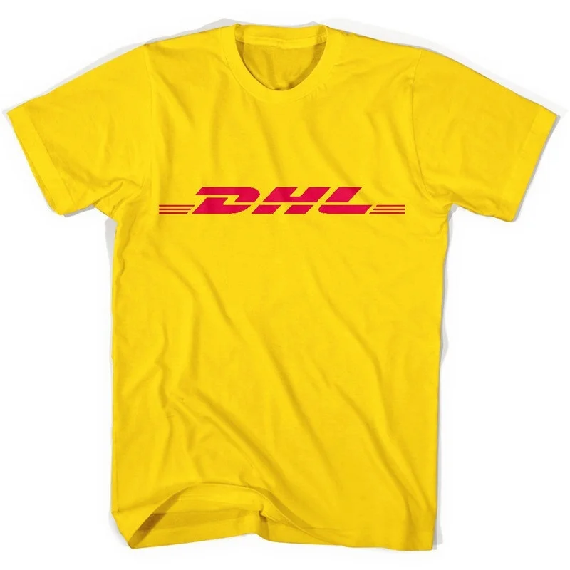 

PUDO-XSXSummer 100% Cotton DHL T Shirts Letters Logo Printed Yellow Short Sleeve Casual Mens O Neck Shirts Funny T-shirt