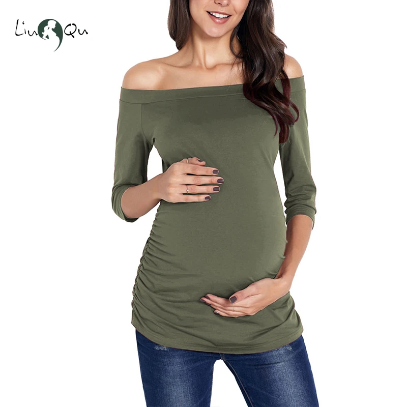 Женская туника для беременных, топы с открытыми плечами, рукав 3/4, женская одежда, Классическая футболка с рюшами сбоку, Одежда для беременных