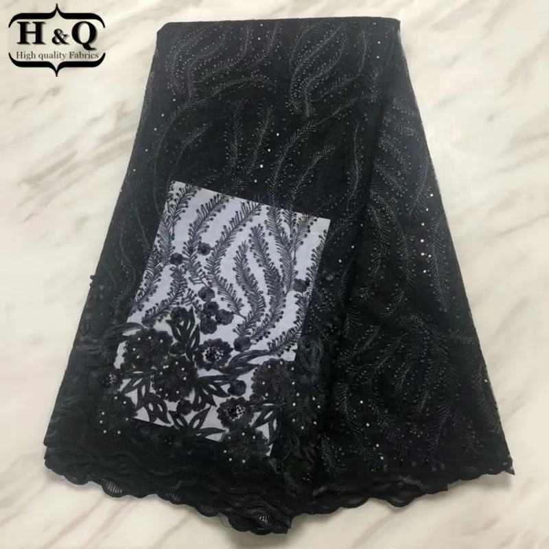 

Black colour embroidery African net lace french lace fabric with stones and beads 5 yards/pcs tulle laces fabric for party dress