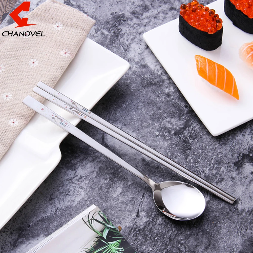 CHANOVEL 2 PCS/SET 304 Stainless Steel Set Korean Chop sticks and ladle Scoop Table ware Sets Kids Dinnerware Set with gift bag