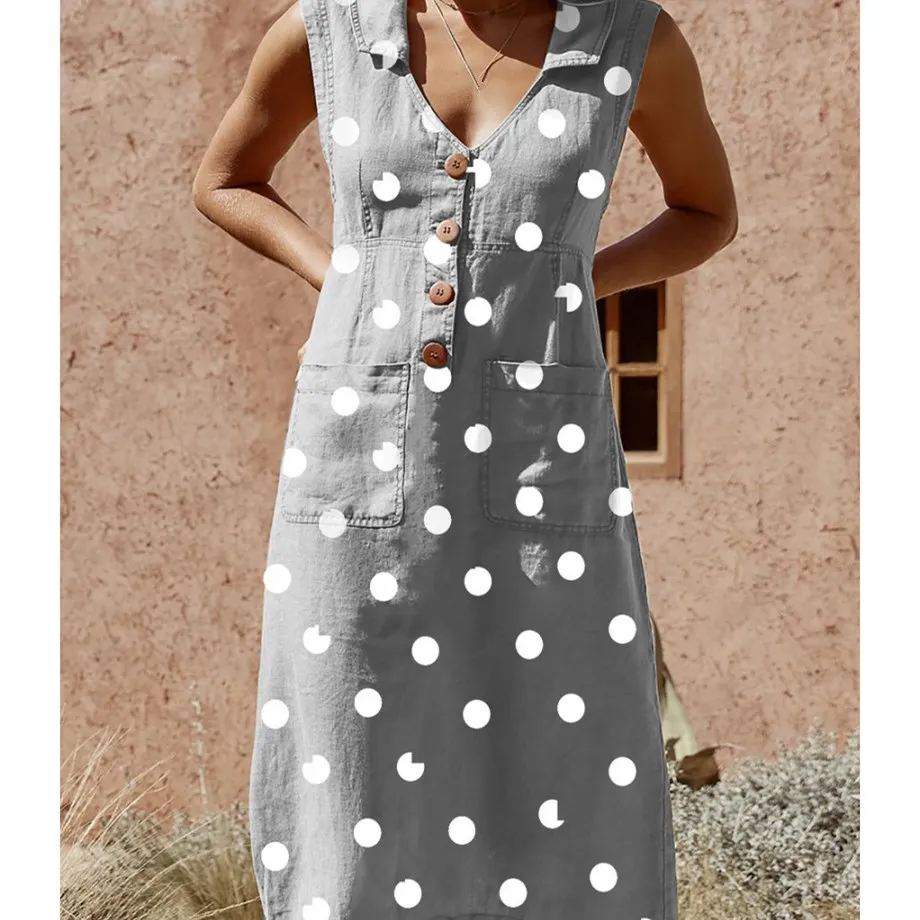 

Bohemian V-Neck Dot Print Mid Dress Women Sexy Turn-Down Collar Party Dresses Button Pocket Dress