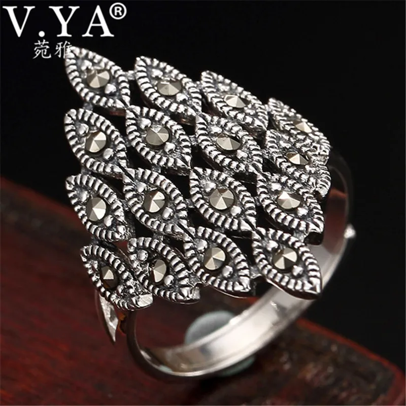 V.YA Retro Silver Marcasite Ring for Women Adjustable 925 Sterling Silver Rings Lady Femme Fashion Jewelry Wholesale|Rings| - AliExpress