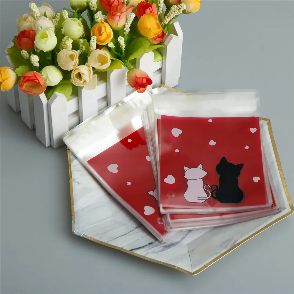 100Pcs/Lot  Cartoon Cat Cookie Candy Packaging Self-Adhesive Plastic Bags For Biscuits Snack Baking Package