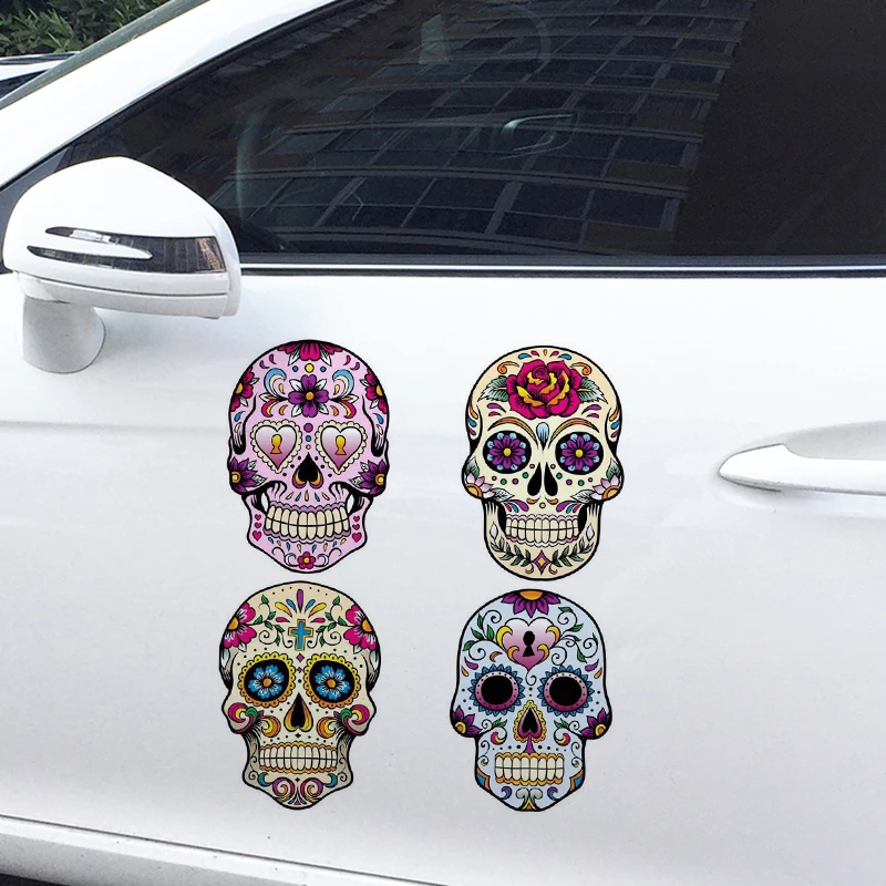 

10CM*7CM 4X MEXICAN SUGAR SKULL Classic Combination Decals Reflective Car Sticker CS-014