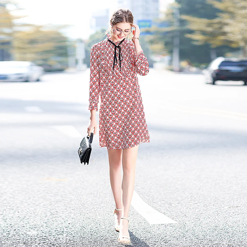 

Short Dress High Quality 2018 Spring Summer New Women Party Fashion Office Boho Vintage Elegant Print Silk Long Sleeved Dresses
