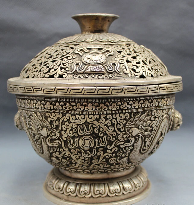 

song voge gem S4814 Tibet Silver Buddhism Auspicious Fly Dragon Statue Box Incense Burner Censer