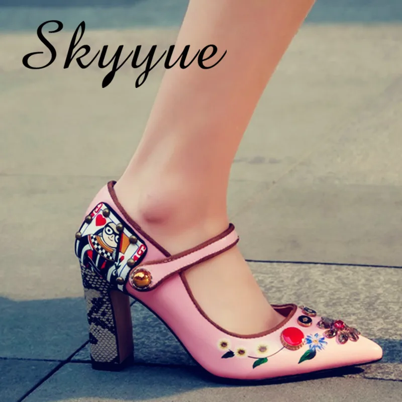 

New Genuine Leather Printed Floral Mary Janes Ladies Pumps buckle strap Jewel High Heels Shoes Wedding Party Dress Shoes