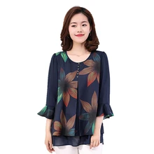 2018 summer butterfly sleeve Navy blue blouse women print flower shirt women plus size M-4XL fashion elegant female pullover top plus flower print flutter sleeve top