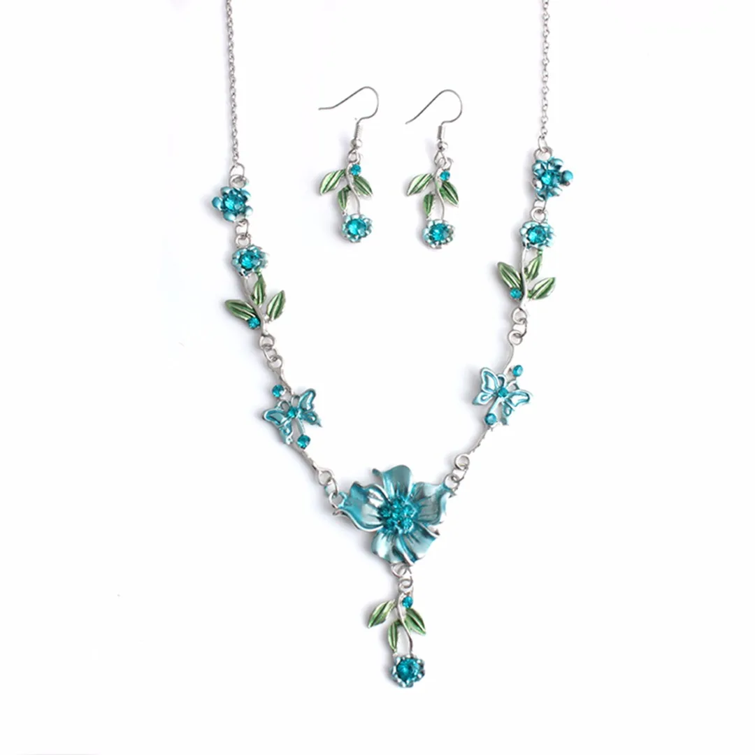 Shellhard Wedding Jewelry Crystal Colorful Flowers Necklace Ear Ring Earring Bohemian Chic Jewelry Set For Women Femme Bijoux
