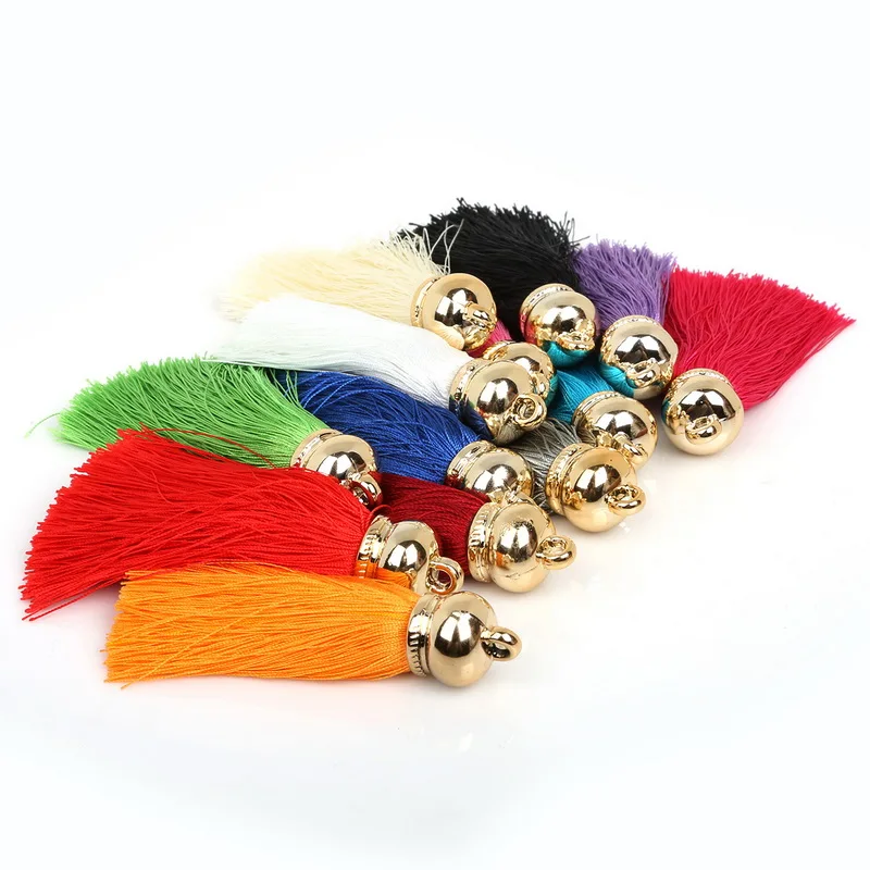 

2pcs/Lot Mix color Pick 15*70mm Gold Plating Bell Silk Tassel Charm for Jewelry Making Mob Straps Keychain